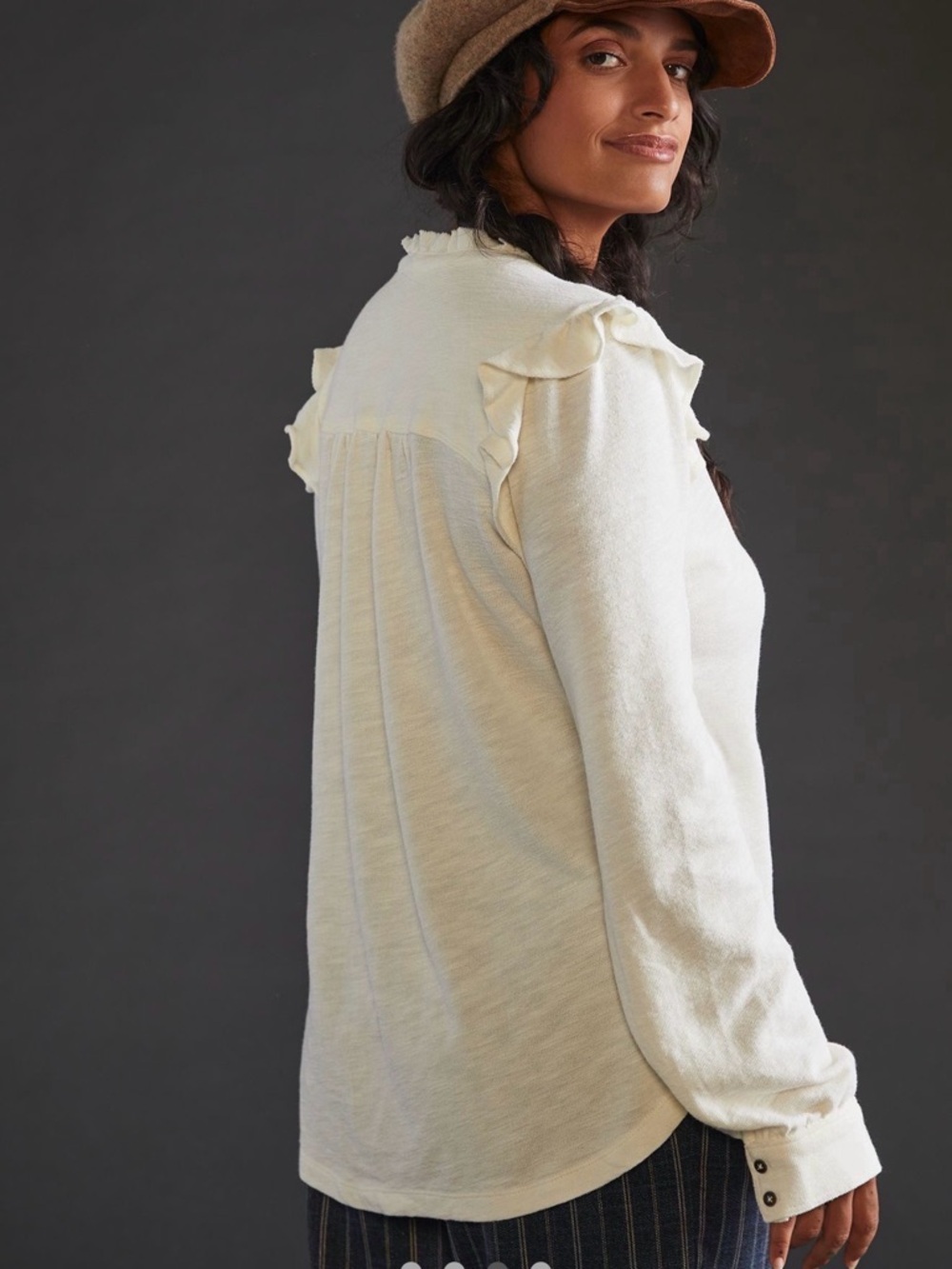 Anthropologie—-Pilcro Cream Ruffle-Trim Button Henley. Size medium - Picture 3 of 5